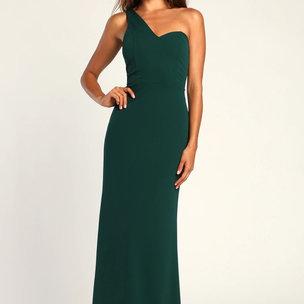 Lulus Boastful Beauty Hunter Green One-Shoulder Mermaid Maxi Dress